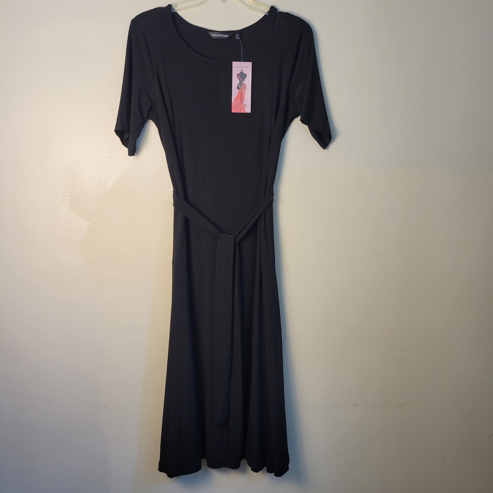 Nina Leonard Black Short Sleeve Belted Fit and Flare Midi Dress Plus Size 1X NWT